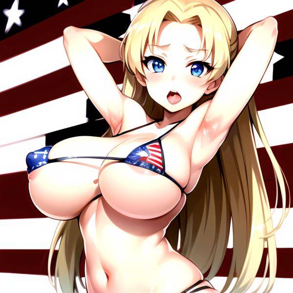 1girl American Flag Bikini Armpits Arms Behind Head Bikini Blonde Hair Blue Eyes Blush Breasts Covered Erect Nipples Flag Print, 446762016 - AIHentai - aihentai.co - Usa on pornsimulated.com