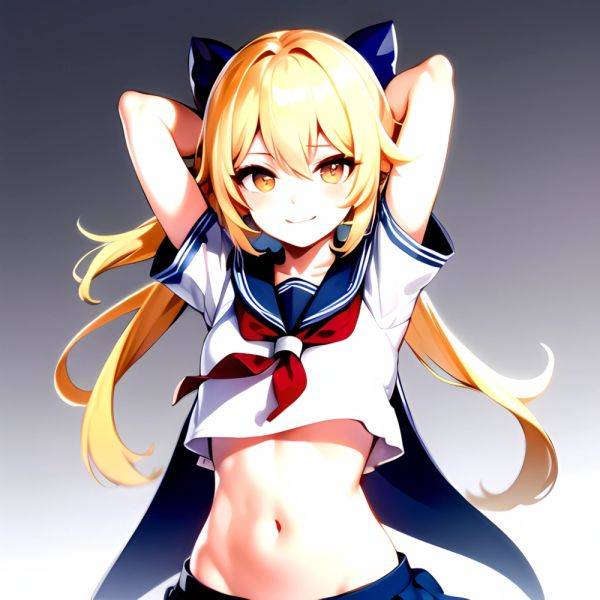 1girl Arms Up Arms Behind Head Blonde Hair Blue Skirt Bow Crop Top Crop Top Overhang Genshin Impact Gradient Background, 3625226337 - AIHentai - aihentai.co on pornsimulated.com