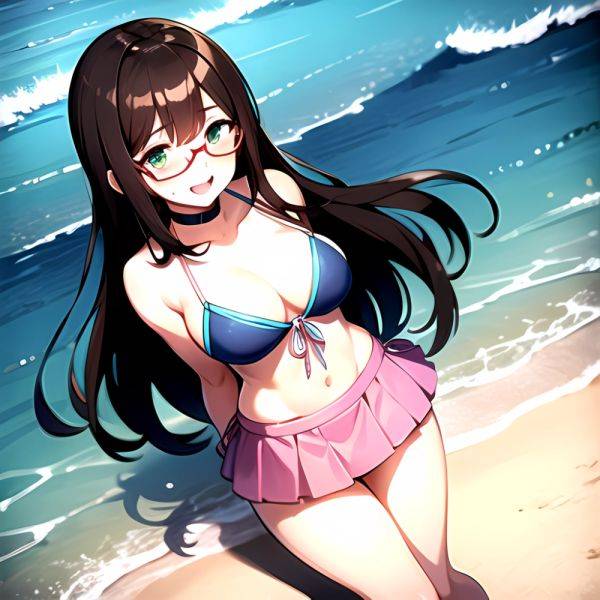 1girl D Bikini Bikini Bottom Aside Bikini Skirt Black Choker Blush Breasts Brown Hair Choker Cleavage Clothing Aside Front Tie, 3688389992 - AIHentai - aihentai.co on pornsimulated.com