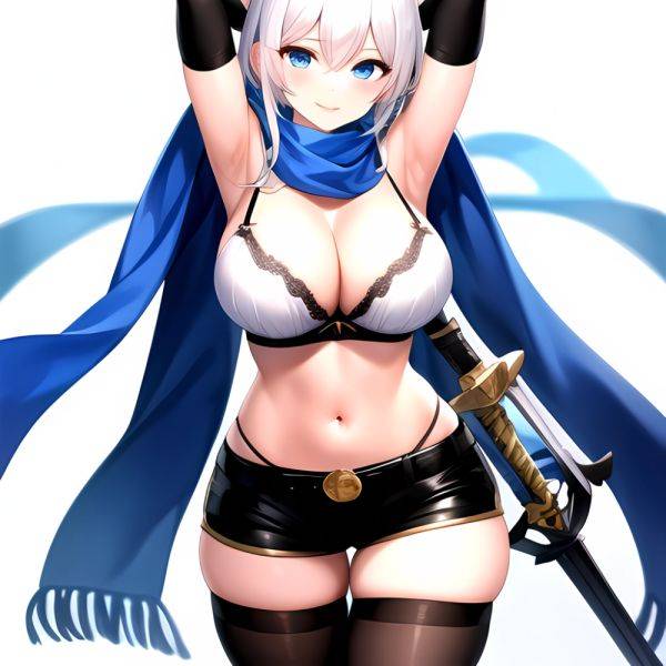 1girl Armpits Arms Behind Head Belt Black Bra Black Gloves Black Pantyhose Blue Eyes Blurry Blurry Background Bra Breasts Curvy, 272146449 - AIHentai - aihentai.co on pornsimulated.com