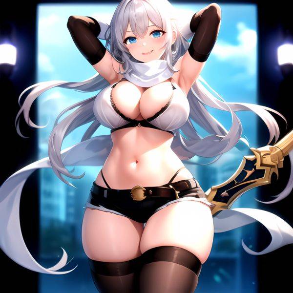 1girl Armpits Arms Behind Head Belt Black Bra Black Gloves Black Pantyhose Blue Eyes Blurry Blurry Background Bra Breasts Curvy, 2474892392 - AIHentai - aihentai.co on pornsimulated.com