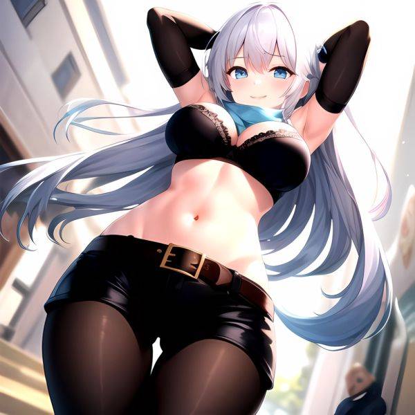 1girl Armpits Arms Behind Head Belt Black Bra Black Gloves Black Pantyhose Blue Eyes Blurry Blurry Background Bra Breasts Curvy, 683572382 - AIHentai - aihentai.co on pornsimulated.com