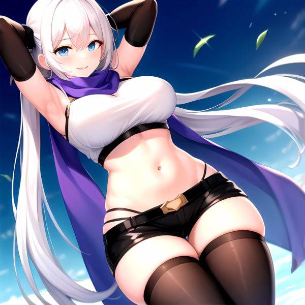 1girl Armpits Arms Behind Head Belt Black Bra Black Gloves Black Pantyhose Blue Eyes Blurry Blurry Background Bra Breasts Curvy, 552834714 - AIHentai - aihentai.co on pornsimulated.com