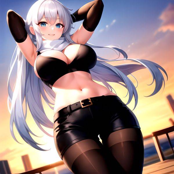 1girl Armpits Arms Behind Head Belt Black Bra Black Gloves Black Pantyhose Blue Eyes Blurry Blurry Background Bra Breasts Curvy, 3388296019 - AIHentai - aihentai.co on pornsimulated.com