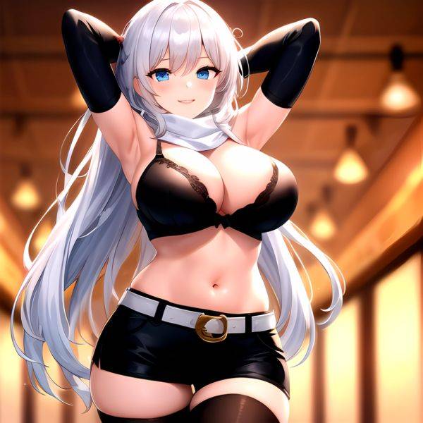 1girl Armpits Arms Behind Head Belt Black Bra Black Gloves Black Pantyhose Blue Eyes Blurry Blurry Background Bra Breasts Curvy, 1827826140 - AIHentai - aihentai.co on pornsimulated.com