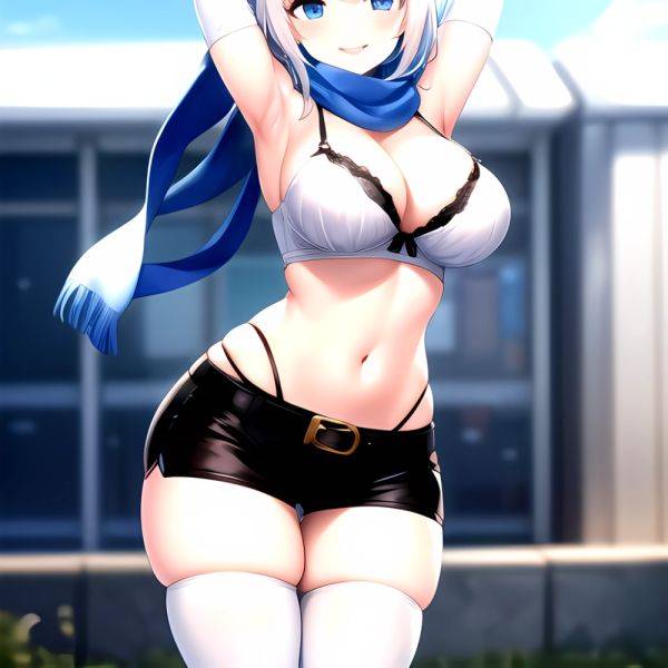 1girl Armpits Arms Behind Head Belt Black Bra Black Gloves Black Pantyhose Blue Eyes Blurry Blurry Background Bra Breasts Curvy, 2087816818 - AIHentai - aihentai.co on pornsimulated.com