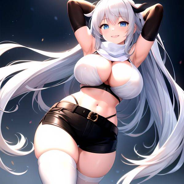 1girl Armpits Arms Behind Head Belt Black Bra Black Gloves Black Pantyhose Blue Eyes Blurry Blurry Background Bra Breasts Curvy, 2550889602 - AIHentai - aihentai.co on pornsimulated.com