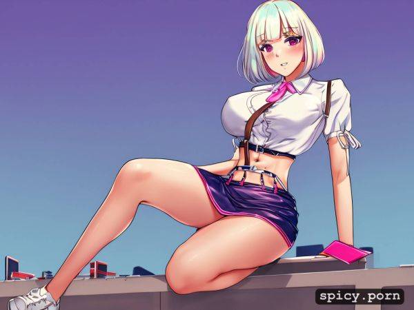 Hot squat, white and pink bob cut hair, blue mini skirt, pink suspenders - spicy.porn on pornsimulated.com