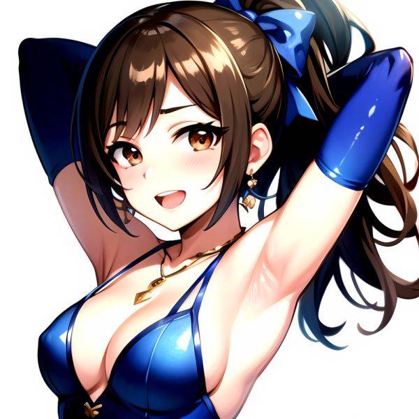 1girl Absurdres Armpits Arms Up Ayase Honoka Black Gloves Blue Bow Blue Dress Blush Bow Breasts Brown Eyes Brown Hair, 1933022229 - AIHentai - aihentai.co on pornsimulated.com