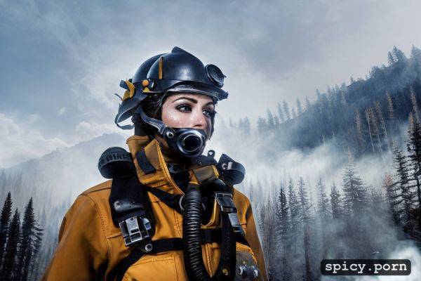 Portrait, tired sweaty face, side view, wildfire in background - spicy.porn on pornsimulated.com