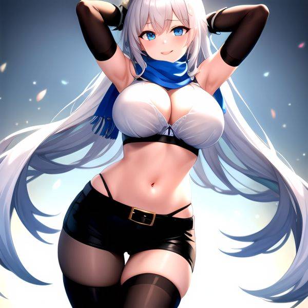 1girl Armpits Arms Behind Head Belt Black Bra Black Gloves Black Pantyhose Blue Eyes Blurry Blurry Background Bra Breasts Curvy, 1811622529 - AIHentai - aihentai.co on pornsimulated.com