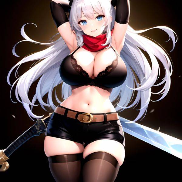 1girl Armpits Arms Behind Head Belt Black Bra Black Gloves Black Pantyhose Blue Eyes Blurry Blurry Background Bra Breasts Curvy, 861314666 - AIHentai - aihentai.co on pornsimulated.com