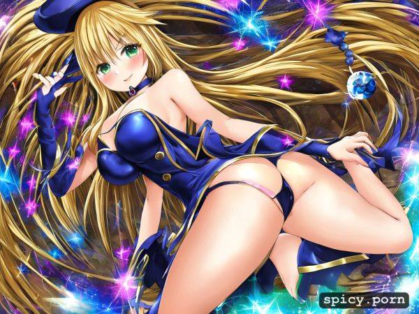 Detailed legs, misakura aoi yu gi oh yu gi oh duel monsters dark magician woman highres 1girl all fours bare shoulders blonde hair blue footwear blue headwear blush blush stickers boots breasts - spicy.porn on pornsimulated.com
