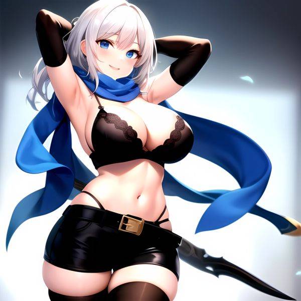 1girl Armpits Arms Behind Head Belt Black Bra Black Gloves Black Pantyhose Blue Eyes Blurry Blurry Background Bra Breasts Curvy, 2509542121 - AIHentai - aihentai.co on pornsimulated.com