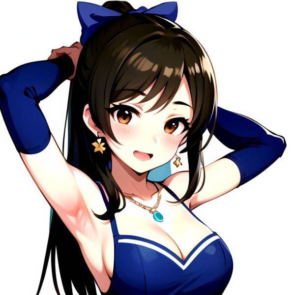 1girl Absurdres Armpits Arms Up Ayase Honoka Black Gloves Blue Bow Blue Dress Blush Bow Breasts Brown Eyes Brown Hair, 2152115453 - AIHentai - aihentai.co on pornsimulated.com