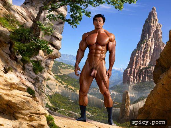 Tall asian man standing up with muscles and abs and a big dick long and girthy has tight white socks and is naked - spicy.porn on pornsimulated.com