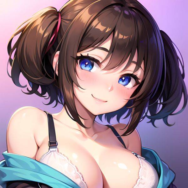 1girl Ai Generated Blue Eyes Blush Breasts Brown Hair Highres Large Breasts Light Smile Looking At Viewer Purple Background Shor, 3454507004 - AIHentai - aihentai.co on pornsimulated.com