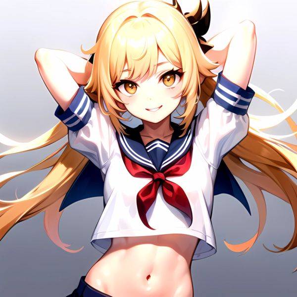1girl Arms Up Arms Behind Head Blonde Hair Blue Skirt Bow Crop Top Crop Top Overhang Genshin Impact Gradient Background, 2664200005 - AIHentai - aihentai.co on pornsimulated.com