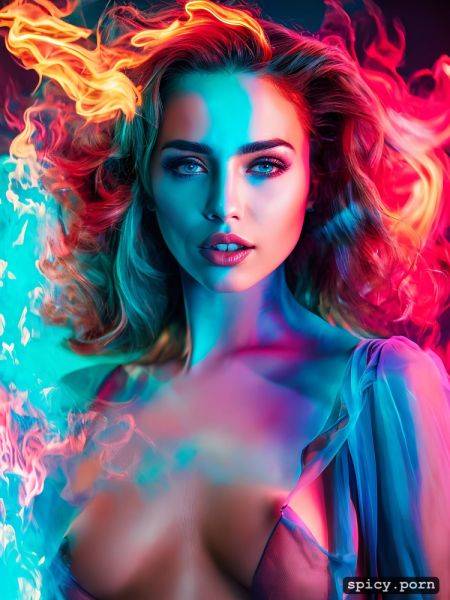 Vibrant colorism, fiery woman with fire smoke around her, the style of light blue and pink - spicy.porn on pornsimulated.com