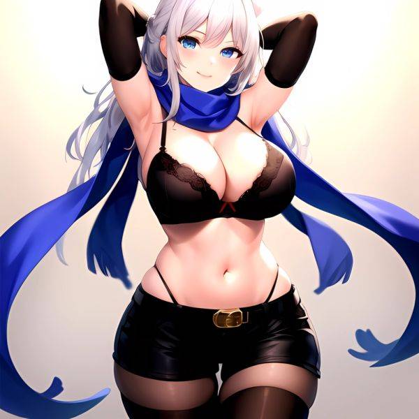 1girl Armpits Arms Behind Head Belt Black Bra Black Gloves Black Pantyhose Blue Eyes Blurry Blurry Background Bra Breasts Curvy, 2350254744 - AIHentai - aihentai.co on pornsimulated.com