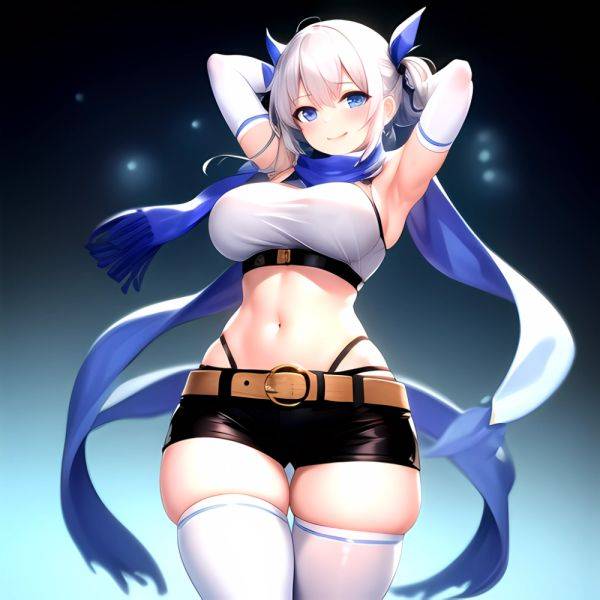 1girl Armpits Arms Behind Head Belt Black Bra Black Gloves Black Pantyhose Blue Eyes Blurry Blurry Background Bra Breasts Curvy, 3512538347 - AIHentai - aihentai.co on pornsimulated.com