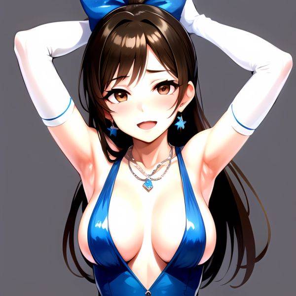 1girl Absurdres Armpits Arms Up Ayase Honoka Black Gloves Blue Bow Blue Dress Blush Bow Breasts Brown Eyes Brown Hair, 521411171 - AIHentai - aihentai.co on pornsimulated.com