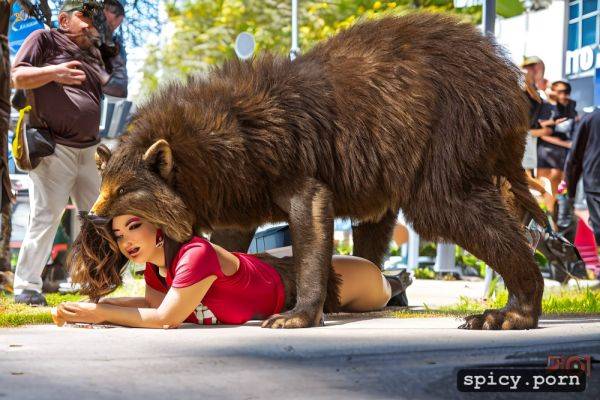 A group of giant hairy fat men dressed in wolf costumes having sex with a beautiful petite 21 years old woman with a pretty face laying on the ground in public while she is giving blowjobs to strangers - spicy.porn on pornsimulated.com