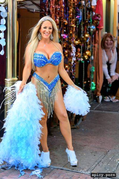 Color portrait, long hair, 57 yo beautiful performing white mardi gras dancer on bourbon street - spicy.porn on pornsimulated.com