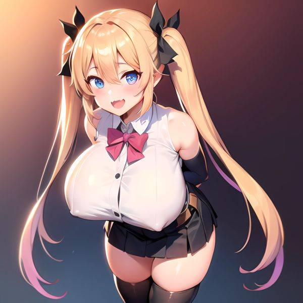 1girl Aymusk Belt Black Skirt Blonde Hair Blue Eyes Blush Bow Bowtie Breasts Curvy Elbow Gloves Fang Gloves Gradient Background, 2778428925 - AIHentai - aihentai.co on pornsimulated.com