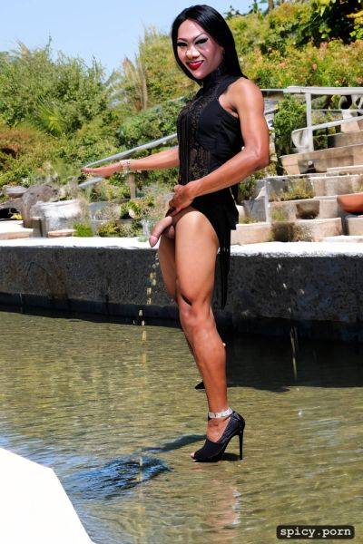 Asian shemale, 39 years old, black high heels, outdoors, pissing long stream of fluid - spicy.porn on pornsimulated.com