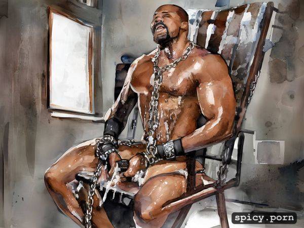 Cum running down dick and balls, white gay bodybuilder handcuffed and chained naked to a chair - spicy.porn on pornsimulated.com