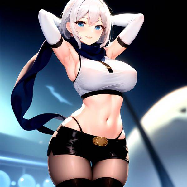 1girl Armpits Arms Behind Head Belt Black Bra Black Gloves Black Pantyhose Blue Eyes Blurry Blurry Background Bra Breasts Curvy, 844938173 - AIHentai - aihentai.co on pornsimulated.com