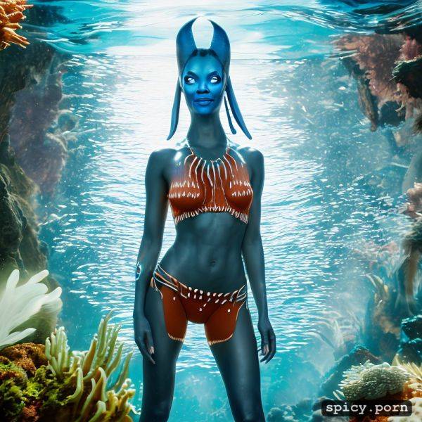 Realistic, visible nipple, masterpiece, zoe saldana as blue alien from the movie avatar zoe saldana swimming underwater near a coral reef wearing tribal top and thong - spicy.porn on pornsimulated.com
