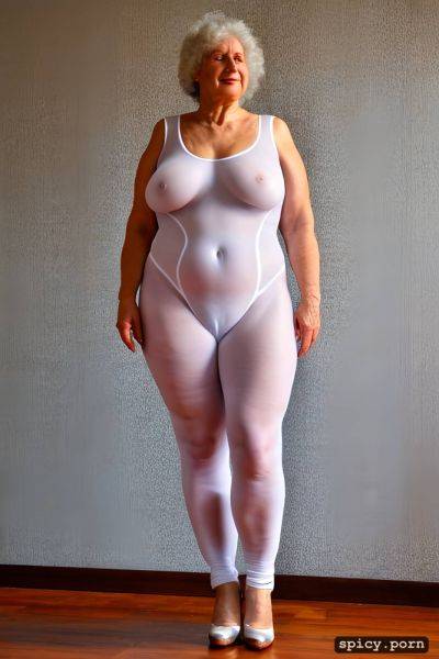 A standing obese 80 yo fat woman wearing white very transparent tight bodysuit with white legs - spicy.porn on pornsimulated.com