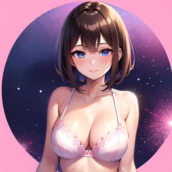 1girl Ai Generated Blue Eyes Blush Breasts Brown Hair Highres Large Breasts Light Smile Looking At Viewer Pink Background Short, 4164532724 - AIHentai - aihentai.co on pornsimulated.com