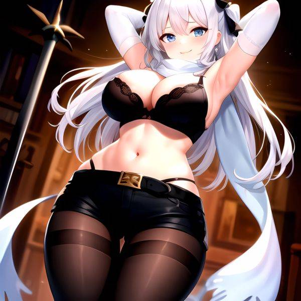 1girl Armpits Arms Behind Head Belt Black Bra Black Gloves Black Pantyhose Blue Eyes Blurry Blurry Background Bra Breasts Curvy, 880700116 - AIHentai - aihentai.co on pornsimulated.com