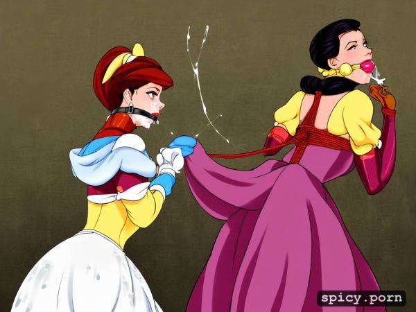 Gag, cum stains, long satin dress, drooling, belle, tied, disney princess - spicy.porn on pornsimulated.com
