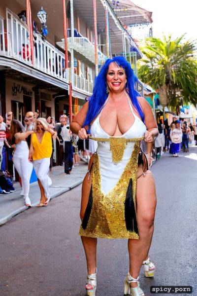 Color portrait, long hair, 65 yo beautiful performing white mardi gras dancer on bourbon street - spicy.porn on pornsimulated.com