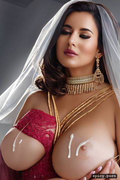 Highres, big f cup boobs, ultra detailed, busty natural indian 20 years old wearing wedding dress with cum on face and boobs - spicy.porn - India on pornsimulated.com