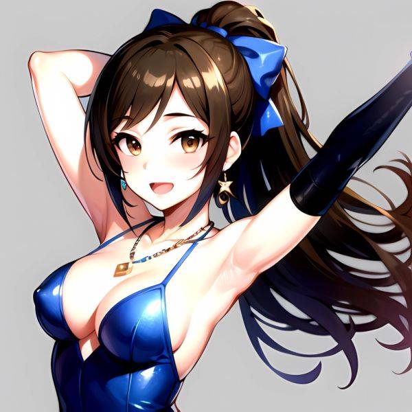1girl Absurdres Armpits Arms Up Ayase Honoka Black Gloves Blue Bow Blue Dress Blush Bow Breasts Brown Eyes Brown Hair, 1368161207 - AIHentai - aihentai.co on pornsimulated.com