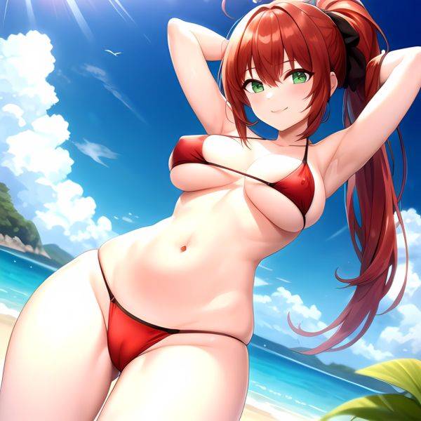 1girl Armpits Arms Behind Head Arms Up Bikini Breasts Closed Mouth Collarbone Covered Nipples Day Green Eyes Highres Jung Freud, 1287692897 - AIHentai - aihentai.co on pornsimulated.com
