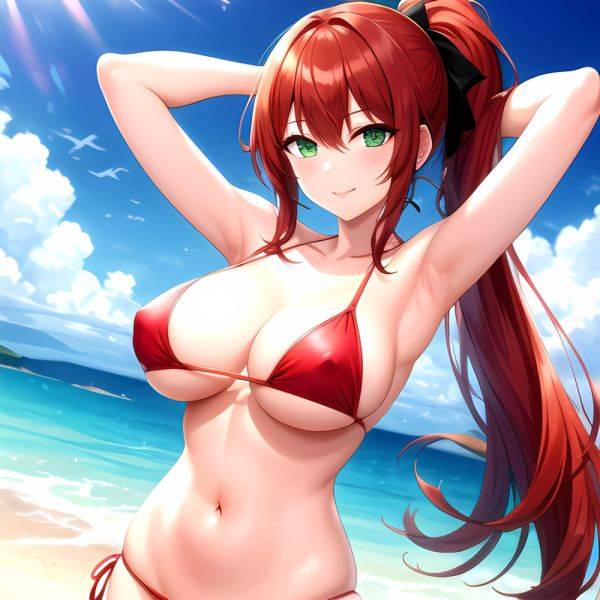 1girl Armpits Arms Behind Head Arms Up Bikini Breasts Closed Mouth Collarbone Covered Nipples Day Green Eyes Highleg Highleg Bik, 342840808 - AIHentai - aihentai.co on pornsimulated.com