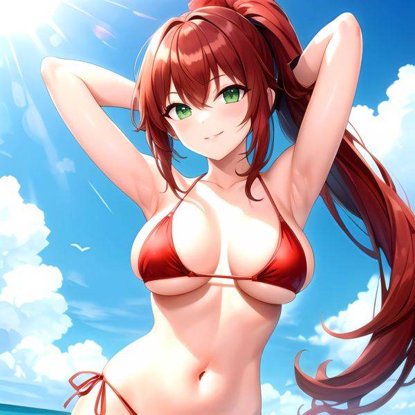 1girl Armpits Arms Behind Head Arms Up Bikini Breasts Closed Mouth Collarbone Covered Nipples Day Green Eyes Highres Jung Freud, 3873625334 - AIHentai - aihentai.co on pornsimulated.com