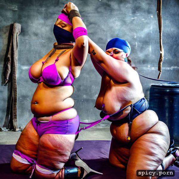2 curvy busty fat large bbw arab women tied up on floor inside a warehouse sex dungeon she is blindfolded with a belly button piercing panties on head high heels roped ankles collared leash for pets bedouin concrete - spicy.porn on pornsimulated.com
