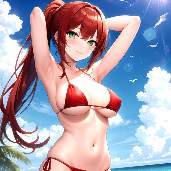 1girl Armpits Arms Behind Head Arms Up Bikini Breasts Closed Mouth Collarbone Covered Nipples Day Green Eyes Highres Jung Freud, 3013280535 - AIHentai - aihentai.co on pornsimulated.com