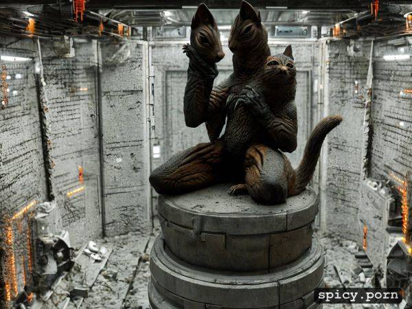 Seen in a nuclear vault, small, scary metall figure in a non terrestrial style of a kind of squirrel and cat mixture like horror creature sitting on a pedestal - spicy.porn on pornsimulated.com