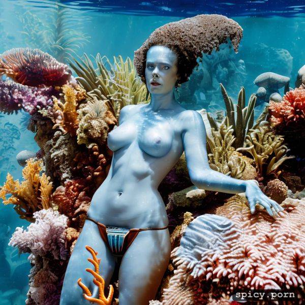 Realistic, visible nipple, masterpiece, young sigourney weaver as blue alien from the movie avatar sigourney weaver swimming underwater near a coral reef wearing tribal top and thong - spicy.porn on pornsimulated.com