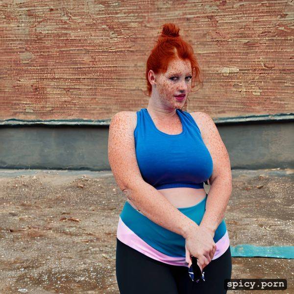 Natural red hair, highres, braless, masterpiece, freckles, wearing a blue tank top and blue yoga pants - spicy.porn on pornsimulated.com