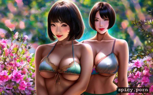 Medium shot, bobcut hair, pastel colors, forest, see through clothes - spicy.porn on pornsimulated.com