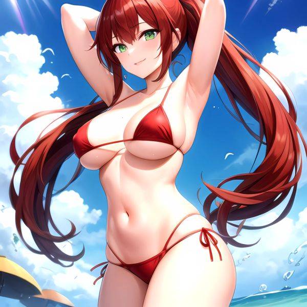 1girl Armpits Arms Behind Head Arms Up Bikini Breasts Closed Mouth Collarbone Covered Nipples Day Green Eyes Highres Jung Freud, 4070734274 - AIHentai - aihentai.co on pornsimulated.com